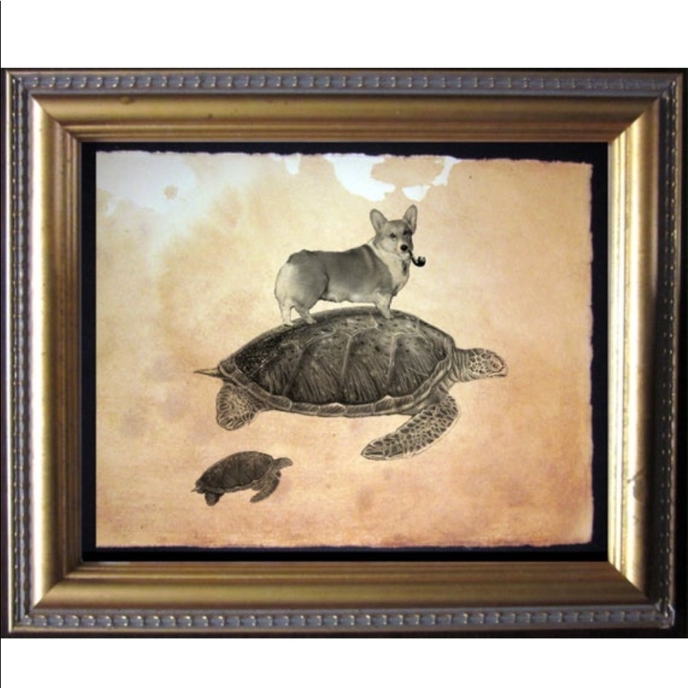 Corgi Riding Turtle Wall Art Print Tea Stained